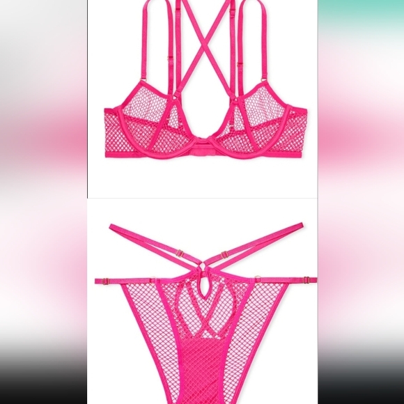 V.S. 2pc Fishnet Open Cup Low-Cut Demi Bra & Fishnet Open Back Cheeky Panty-L - Picture 2 of 8